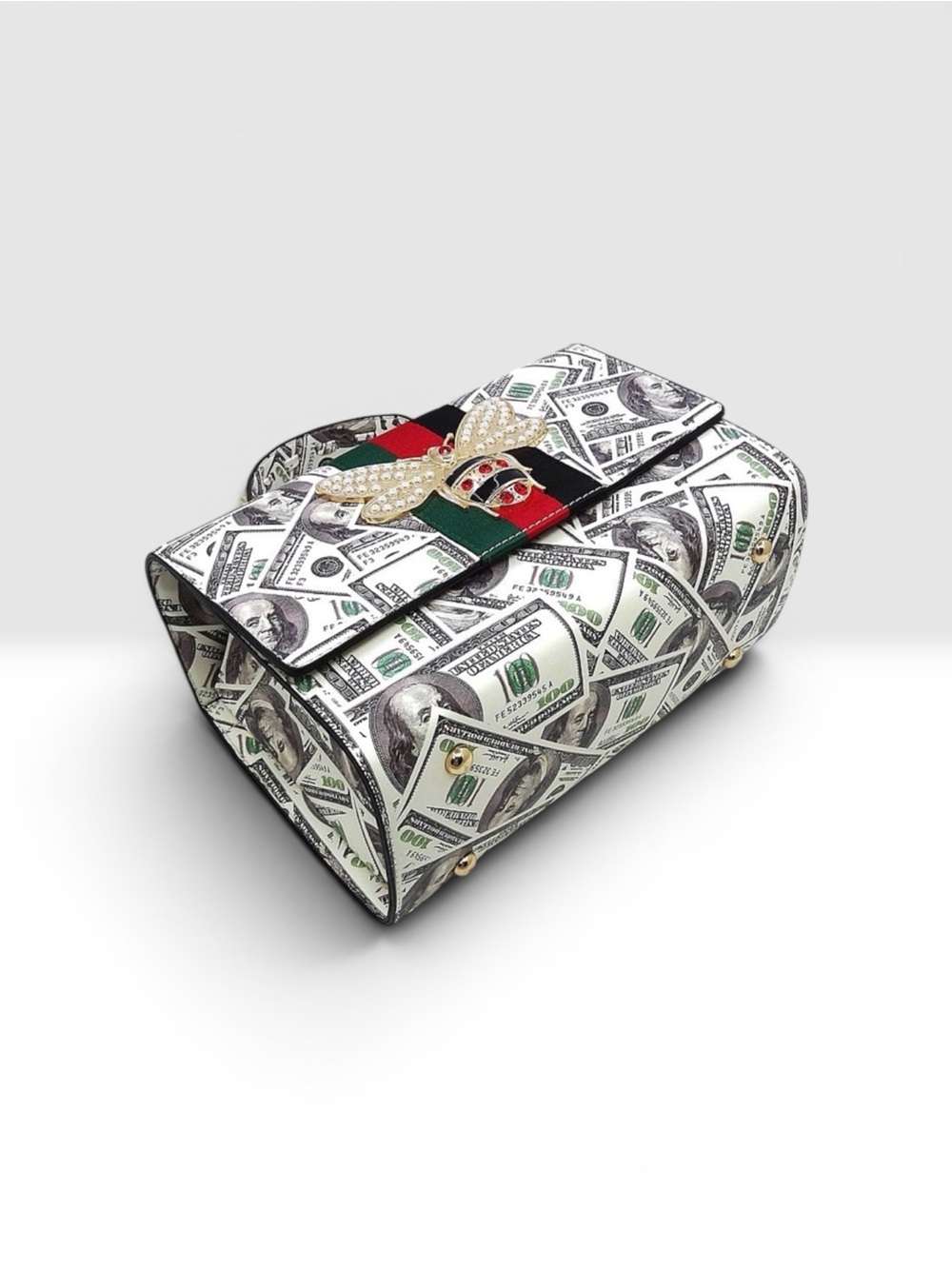 White Money-Print Top Handle Bag with Green-Red-Black Stripe and Bee Accent - Picture 3 of 3